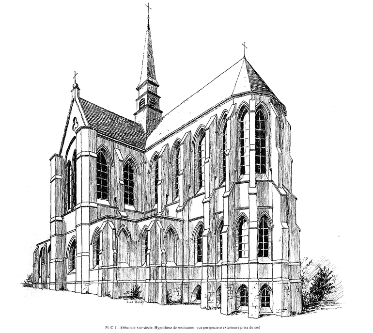 Restitution probable de l’abbatiale gothique du XIIIe siècle vue du sud (dessin Le Bolay)